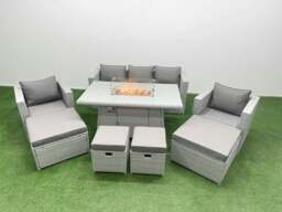 Rackhams 9 Seat PE Rattan Lounge Sofa Set Outdoor Garden Furniture Set with Fire Pit Dining Table 3 Seater Sofa 4 Footstools Light Grey - thumbnail 1