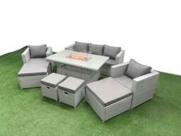Rackhams 9 Seat PE Rattan Lounge Sofa Set Outdoor Garden Furniture Set with Fire Pit Dining Table 3 Seater Sofa 4 Footstools Light Grey - thumbnail 2