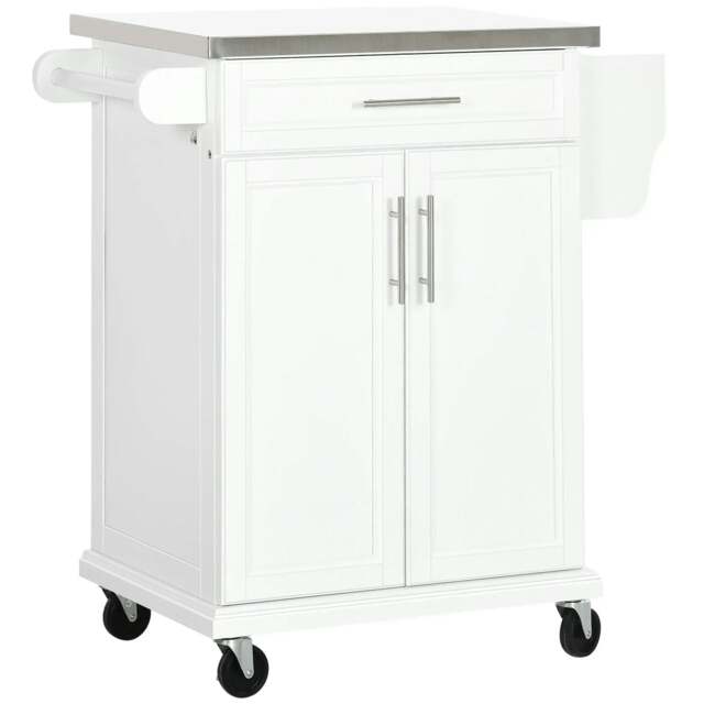 Rackhams Wooden Kitchen Island on Wheels, Serving Cart Storage Trolley with Stainless Steel Top, Drawer, Side Handle and Rack, White - image 1