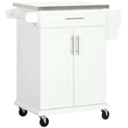 Rackhams Wooden Kitchen Island on Wheels, Serving Cart Storage Trolley with Stainless Steel Top, Drawer, Side Handle and Rack, White - thumbnail 1
