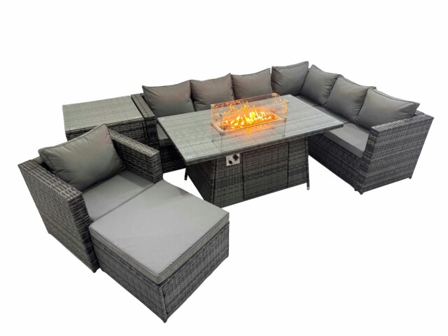 Rackhams Garden Rattan Furniture Set 8 Seater Outdoor Corner Sofa Chair Gas Fire Pit Dining Table Set with Big Stool Side Table Dark Grey - image 1