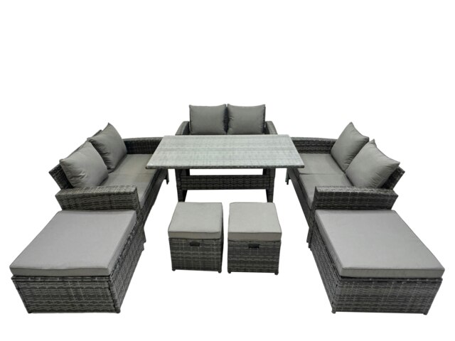 Rackhams 10 Seater Wicker PE Rattan Furniture Outdoor Dining Table Double Seat Sofa 4 Stools Set Dark Grey Mixed - image 1