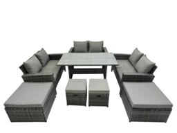 Rackhams 10 Seater Wicker PE Rattan Furniture Outdoor Dining Table Double Seat Sofa 4 Stools Set Dark Grey Mixed - thumbnail 1