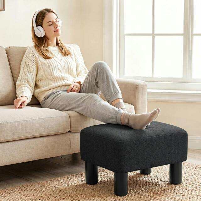 Rackhams Chic Linen Fabric Foot Stool Ottoman Cube with Legs - Black - image 1