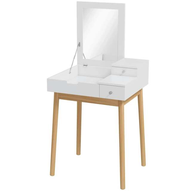 Rackhams Dressing Table with Flip-up Mirror, Makeup Desk with 2 Drawers and Pine Wood Legs, Vanity Table Writing Desk for Bedroom Living Room, White - image 1