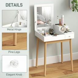 Rackhams Dressing Table with Flip-up Mirror, Makeup Desk with 2 Drawers and Pine Wood Legs, Vanity Table Writing Desk for Bedroom Living Room, White - thumbnail 6