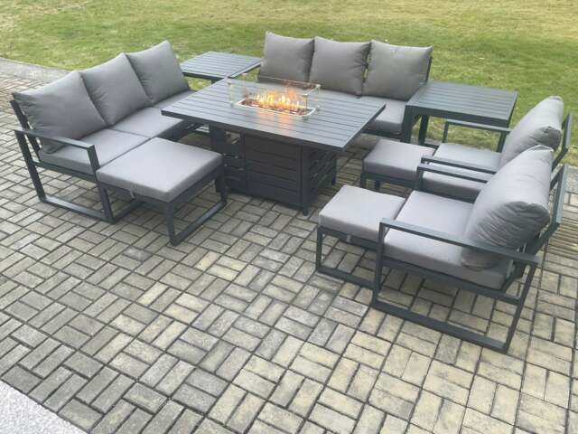 Rackhams Aluminium Garden Furniture Outdoor Set Patio Lounge Sofa Gas Fire Pit Dining Table Set with 3 Footstools 2 Side Tables Dark Grey - image 1