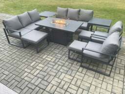 Rackhams Aluminium Garden Furniture Outdoor Set Patio Lounge Sofa Gas Fire Pit Dining Table Set with 3 Footstools 2 Side Tables Dark Grey