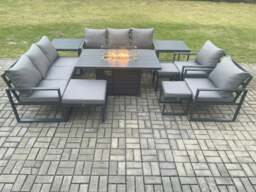 Rackhams Aluminium Garden Furniture Outdoor Set Patio Lounge Sofa Gas Fire Pit Dining Table Set with 3 Footstools 2 Side Tables Dark Grey - thumbnail 2