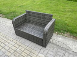 Rackhams Rattan Lounge Sofa Set Outdoor Garden Furniture Set with Rectangular Coffee Table Love Sofa 2 Side Tables Dark Grey Mixed - thumbnail 3