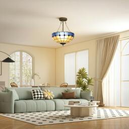 Rackhams Ceiling Light, Vintage Tiffany Style Chandelier with 3 E27 Sockets - Orange and white - thumbnail 2