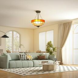 Rackhams Ceiling Light, Vintage Tiffany Style Chandelier with 3 E27 Sockets - Orange and white - thumbnail 1