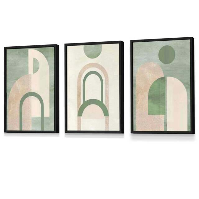 Rackhams Sage Green Boho Arches Set of 3 Framed Wall Art - 50x70cm - Black - image 1