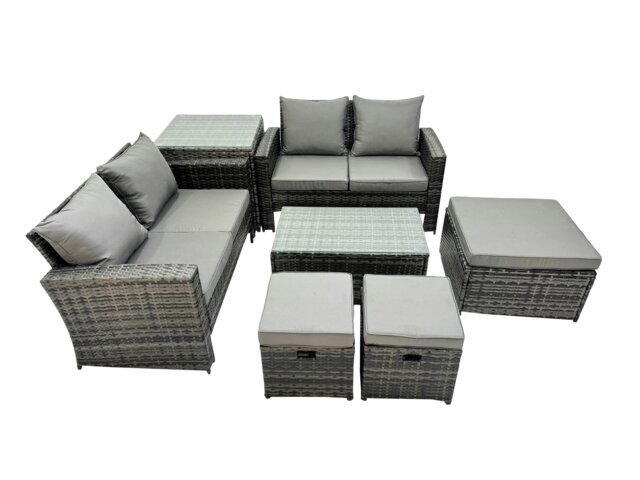 Rackhams PE Rattan Garden Furniture Set Lounge Double Seat Sofa Coffee Table Set with Side Table 3 Stools Dark Grey MixedMixed - image 1