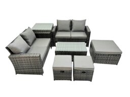 Rackhams PE Rattan Garden Furniture Set Lounge Double Seat Sofa Coffee Table Set with Side Table 3 Stools Dark Grey MixedMixed - thumbnail 1