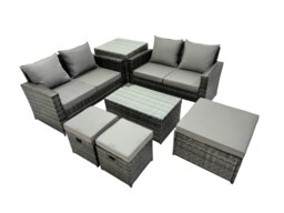 Rackhams PE Rattan Garden Furniture Set Lounge Double Seat Sofa Coffee Table Set with Side Table 3 Stools Dark Grey MixedMixed - thumbnail 2