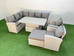 Rackhams 9 Seat Rattan Outdoor Garden Furniture Corner Sofa Set Adjustable Lifting Dining or Coffee Table Set with Big Footstool Light Grey - thumbnail 1