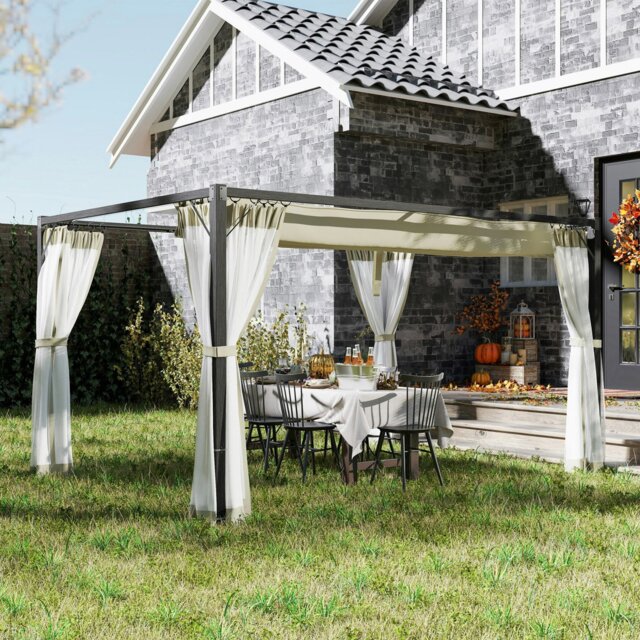 Rackhams 3 x 4m Pergola with Retractable Roof and Netting, Dark Grey - Khaki - Aluminium, Metal, Polyester, Nylon - 397L x 297W x 225Hcm