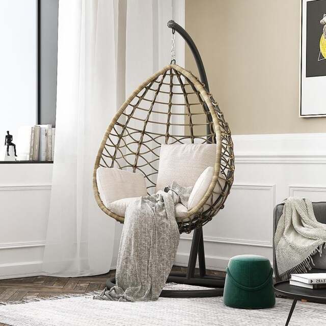Rackhams Kye Rattan Garden Hanging Egg Chair with Stand, Indoor/ Outdoor Furniture - Style 2 With Black Stand - image 1