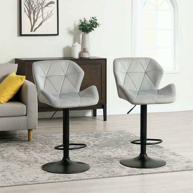 Rackhams Set of 2 Grey Velvet Bar Stools Adjustable Swivel Breakfast Chairs with Footrest & Metal Base - image 1