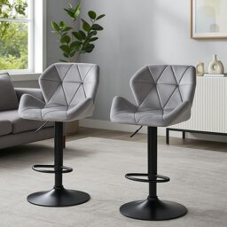 Rackhams Set of 2 Grey Velvet Bar Stools Adjustable Swivel Breakfast Chairs with Footrest & Metal Base - thumbnail 4