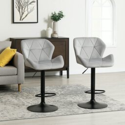 Rackhams Set of 2 Grey Velvet Bar Stools Adjustable Swivel Breakfast Chairs with Footrest & Metal Base
