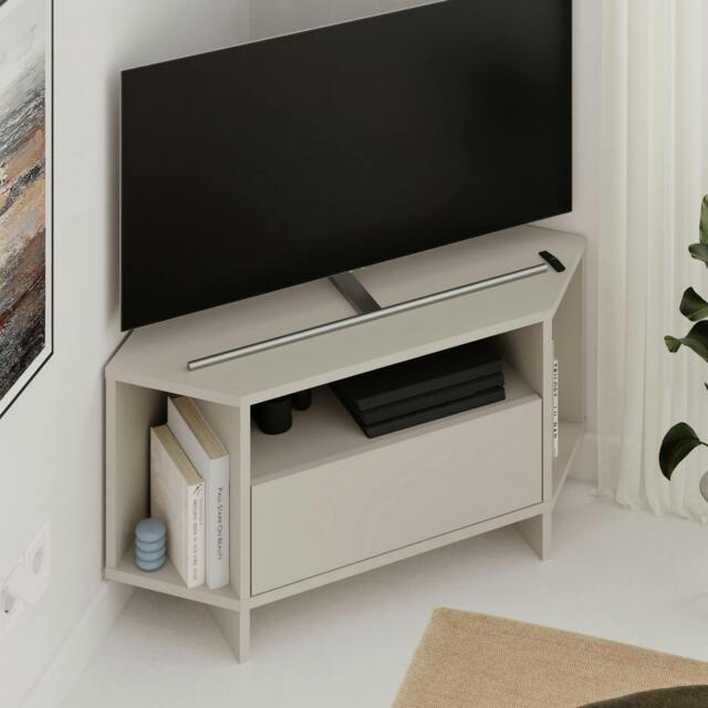 Rackhams Modern Viva Corner TV Unit Shelf up to 36 Inch TVs Push to Open Storage Cabinet, 3 Open Shelf Media Centre 95.7(W)cm - Sandstone - image 1