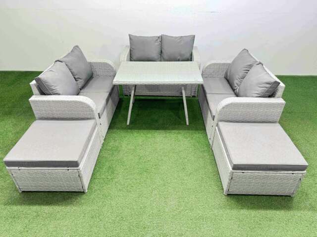 Rackhams Rattan Garden Furniture Dining Set 8 seater Patio Rectangular Table Love Sofa Set with 2 Big Stools - image 1