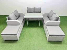 Rackhams Rattan Garden Furniture Dining Set 8 seater Patio Rectangular Table Love Sofa Set with 2 Big Stools - thumbnail 1