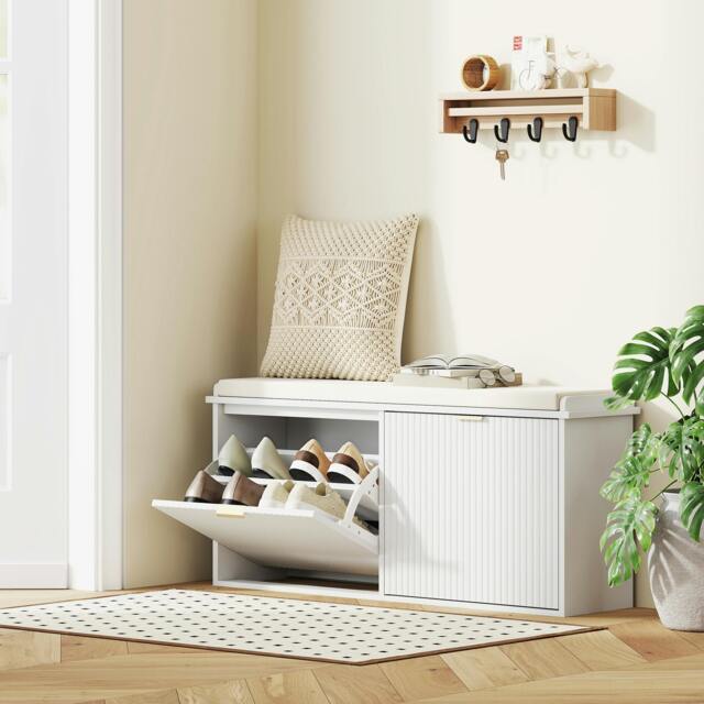 Rackhams Shoe Storage Bench with Cushion and Flip-Drawer 104x26x47.5cm Green - White - MDF, Particleboard, Linen - image 1