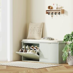 Rackhams Shoe Storage Bench with Cushion and Flip-Drawer 104x26x47.5cm Green - White - MDF, Particleboard, Linen - thumbnail 3