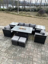 Rackhams Outdoor PE Rattan Garden Furniture Gas Fire Pit Dining Table Armchairs With 2 Side Coffee Table Stools Dark Grey Mixed - thumbnail 2