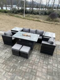 Rackhams Outdoor PE Rattan Garden Furniture Gas Fire Pit Dining Table Armchairs With 2 Side Coffee Table Stools Dark Grey Mixed
