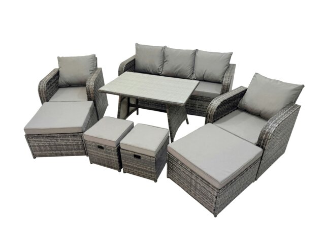 Rackhams Garden Rattan Outdoor Furniture Set 9 Seater with 3 Seater Sofa 2 Big Stool 2 Small Stools Dark Grey - image 1
