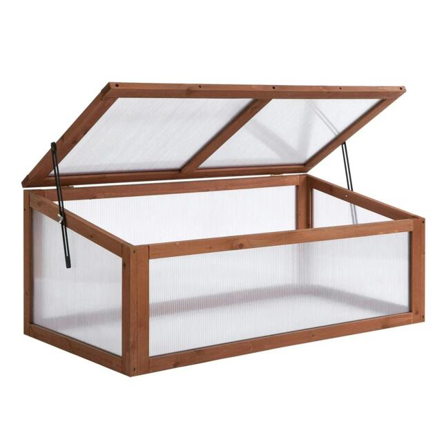 Rackhams Wooden Cold Frame, Small Polycarbonate Greenhouse for Plants with Openable & Tilted Top Cover, Brown, 100 x 65 x 40cm - Brown - image 1