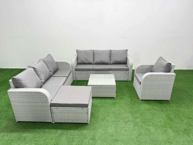 Rackhams 8 Seater Rattan Outdoor Garden Furniture Square Coffee Table Sofa Set 3 Seater Sofa Reclining Chair 3 Seater Sofa Big Footstool Light Grey - image 1