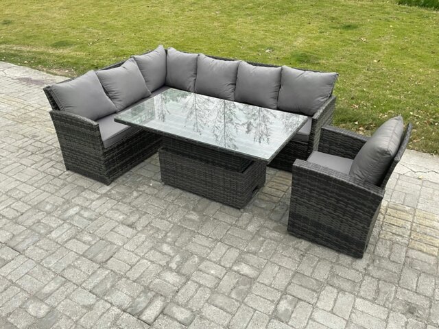 Rackhams Wicker PE Outdoor Rattan Garden Furniture Set Height Adjustable Rising Lifting Table Sofa Dining Set with Armchair Dark Grey Mixed - image 1