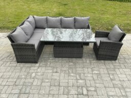 Rackhams Wicker PE Outdoor Rattan Garden Furniture Set Height Adjustable Rising Lifting Table Sofa Dining Set with Armchair Dark Grey Mixed - thumbnail 2