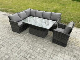 Rackhams Wicker PE Outdoor Rattan Garden Furniture Set Height Adjustable Rising Lifting Table Sofa Dining Set with Armchair Dark Grey Mixed - thumbnail 1