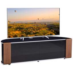 Rackhams Sirius 1600 TV Cabinet Gloss Black Stand with BEAMTHRU Remote-Friendly Glass Door, Walnut/Oak Trims for TVs up to 70” TV