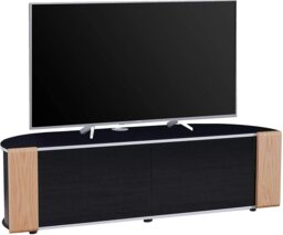 Rackhams Sirius 1600 TV Cabinet Gloss Black Stand with BEAMTHRU Remote-Friendly Glass Door, Walnut/Oak Trims for TVs up to 70” TV - thumbnail 2