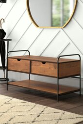 Rackhams Modern 2-Drawer Metal and Wood Entry Bench Shoes Storage Shelf - Walnut - thumbnail 2