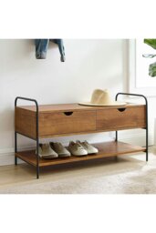 Rackhams Modern 2-Drawer Metal and Wood Entry Bench Shoes Storage Shelf - Walnut - thumbnail 1