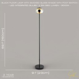 Rackhams Modern LED Floor Lamp in Matte Black with Smoked Glass Shade and Foot Switch - thumbnail 4