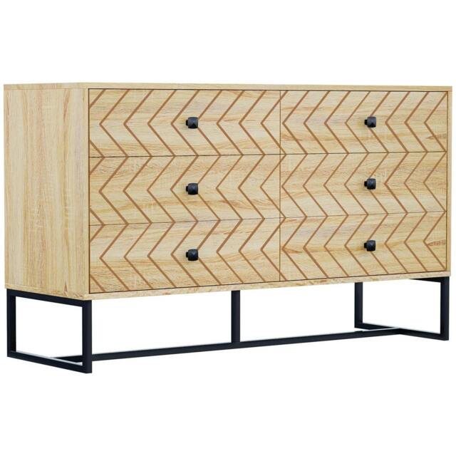 Rackhams Bedroom Chest of Drawers, 6 Drawer Dresser, Sideboard Cabinet with Zigzag Design and Metal Base, Storage Drawer Unit, 120x71cm, Natural - image 1