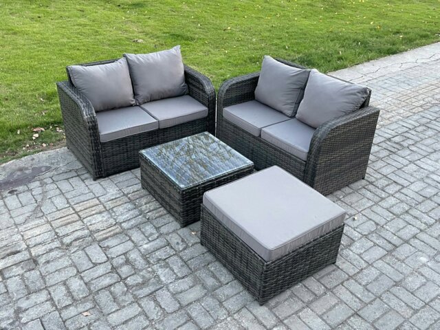 Rackhams Rattan Sofa Set Outdoor Garden Furniture Set with Square Coffee Table Loveseat Sofa Big Footstool Dark Grey Mixed - image 1