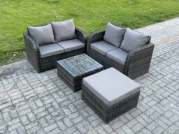 Rackhams Rattan Sofa Set Outdoor Garden Furniture Set with Square Coffee Table Loveseat Sofa Big Footstool Dark Grey Mixed - thumbnail 1