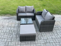Rackhams Rattan Sofa Set Outdoor Garden Furniture Set with Square Coffee Table Loveseat Sofa Big Footstool Dark Grey Mixed - thumbnail 2