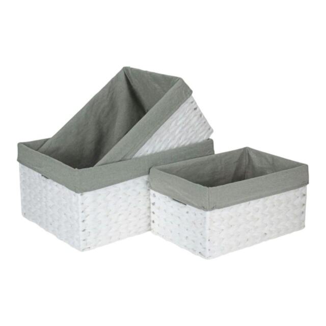 Rackhams White Paper Rope Rectangular Storage Basket with Grey Cotton Lining - Set of 3
