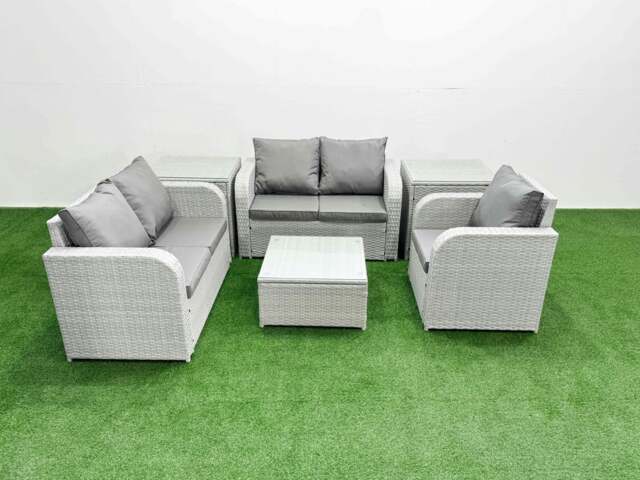 Rackhams High Back Rattan Garden Furniture Set with Reclining Chair Loveseat Sofa Square Coffee Table Indoor Outdoor Patio Set 2 Side Table Light Grey - image 1